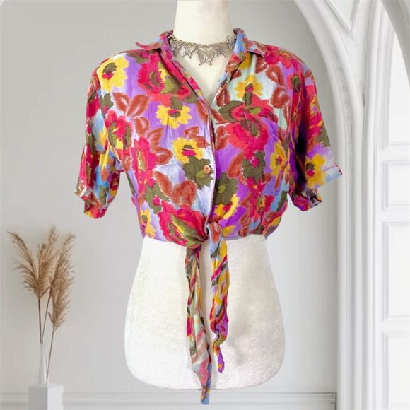 Vintage 90s 1991 Colorful Boho Hippie Floral Flower Front Tie Crop Top Blouse S - Picture 1 of 7